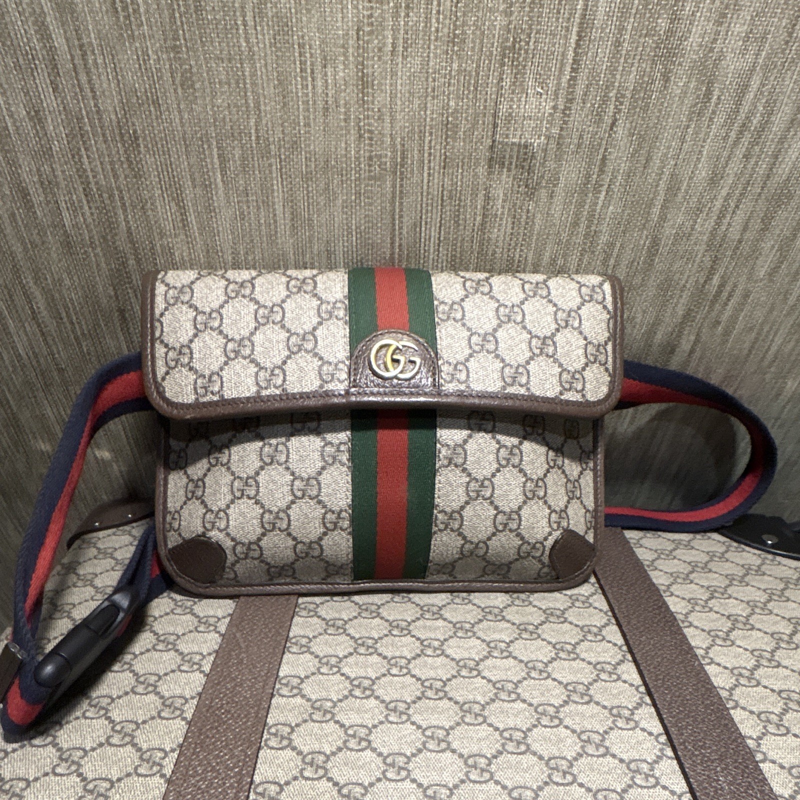 Gucci GG Monogram Ophidia Crossbody Belt Bag Adjustable Strap Gold Hardware