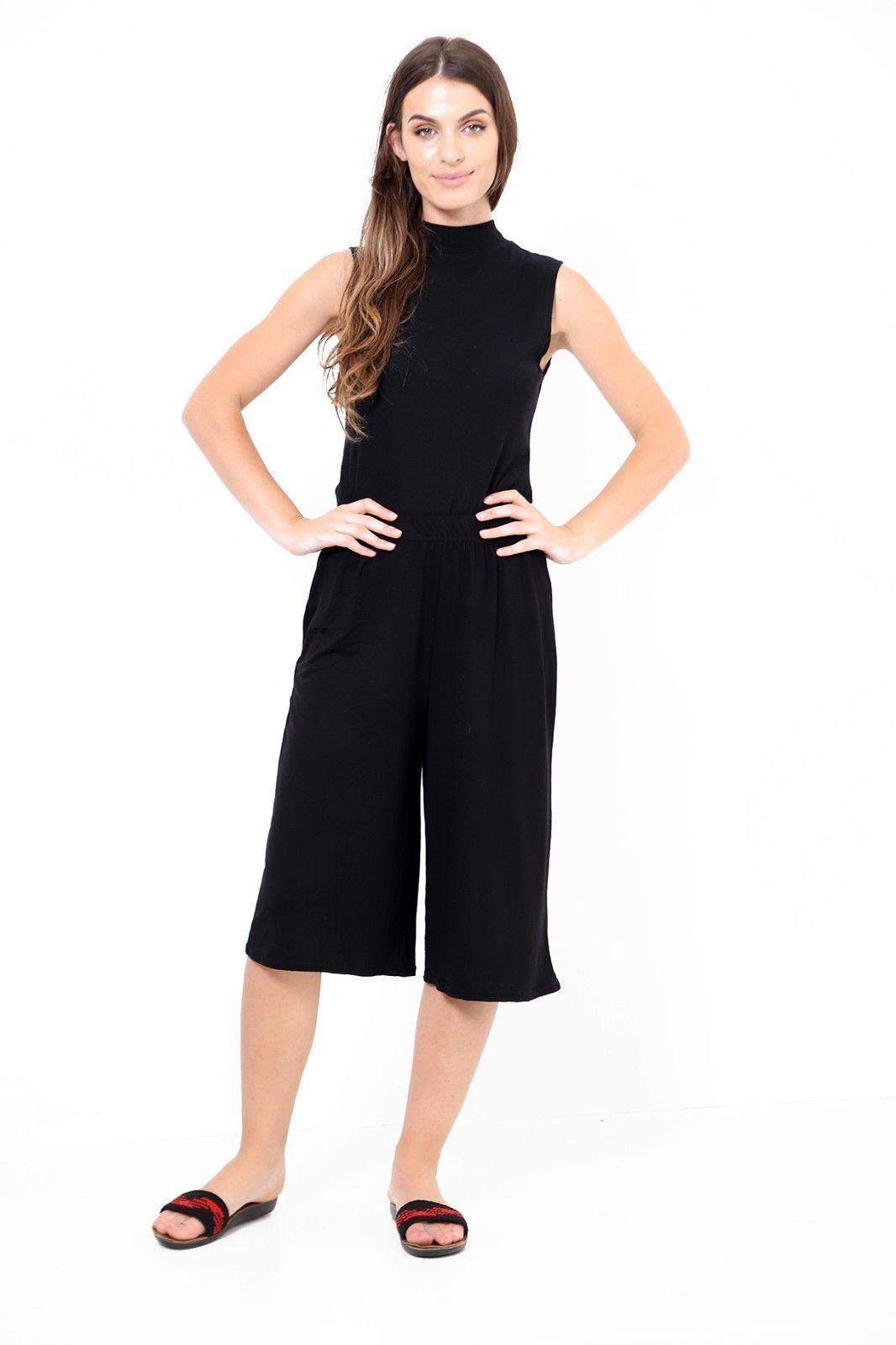 Ladies Women’s Elasticated Stretch Wide Leg Culottes 3/4 Length Plus Size 8-26