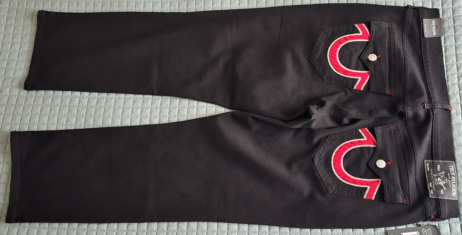 NWT True Religion Ricky Black Jeans Mens 38×30 Red Stitch Relaxed Straight Flap