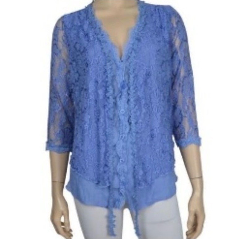 Pretty Angel Women Blue Floral Lace Layered Tie Front Top Linen Blend XL NWT