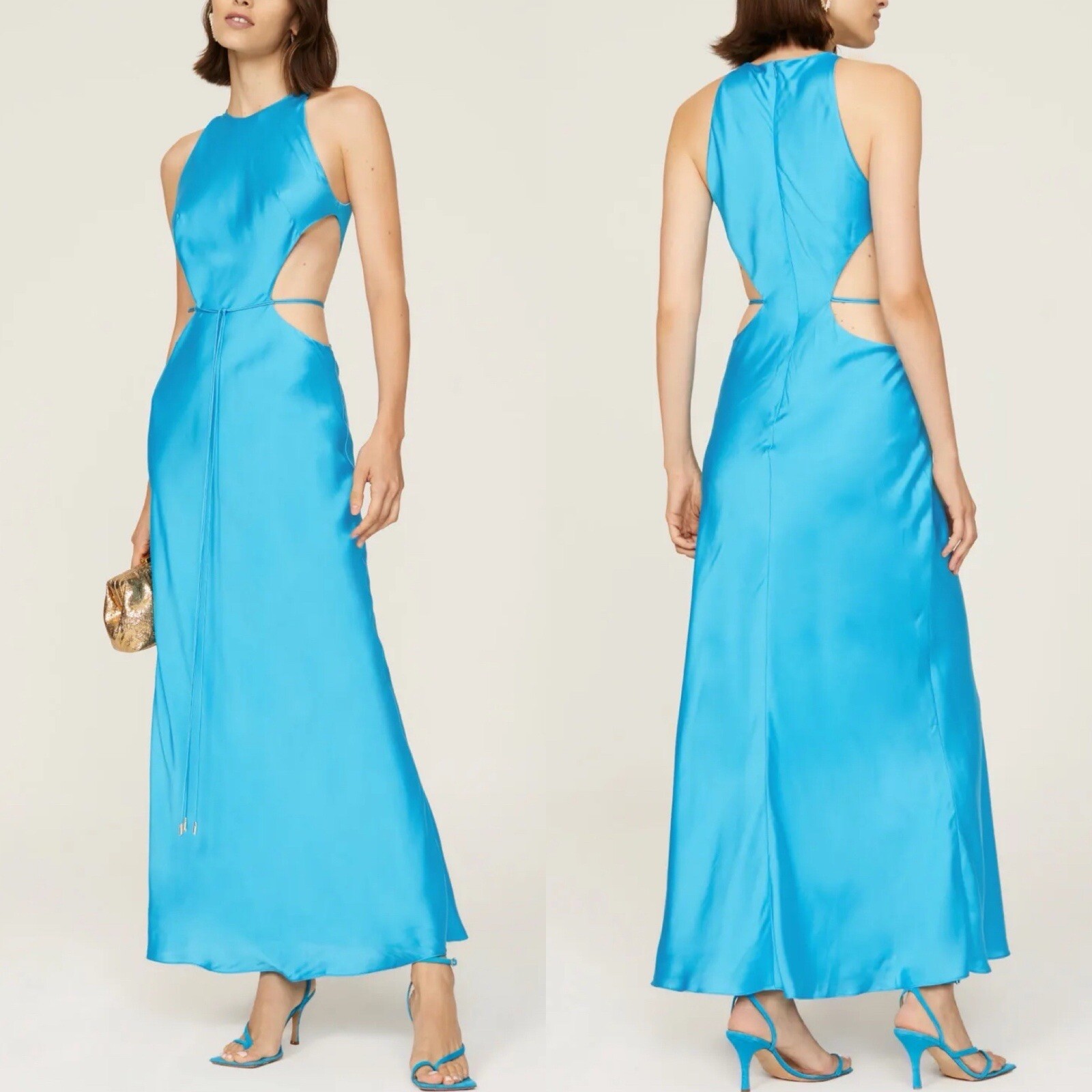 ALEXIS Lune Gown Women Large Blue Satin Sleeveless Cutout A-Line Maxi