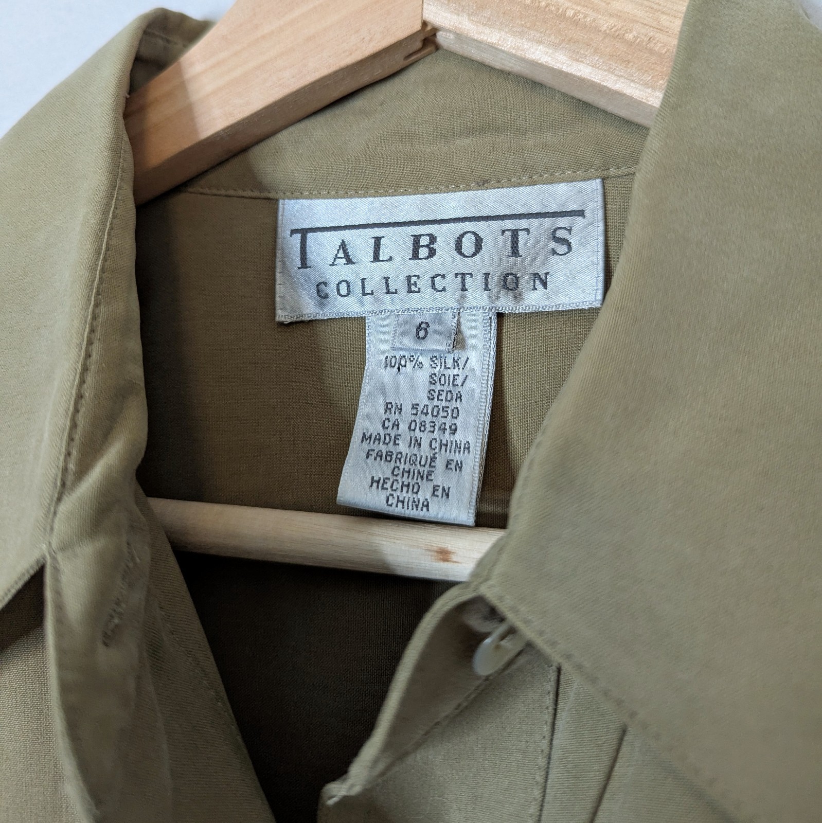 Vintage 90s Talbots 100% Matte Silk Olive Safari Green Button Up Blouse Size 6