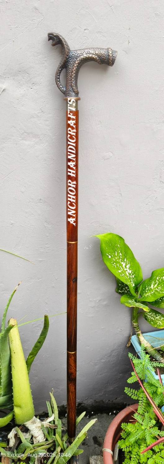 Nautical Antique Designer Snake Cobra Handle brown inlay wooden walking stick