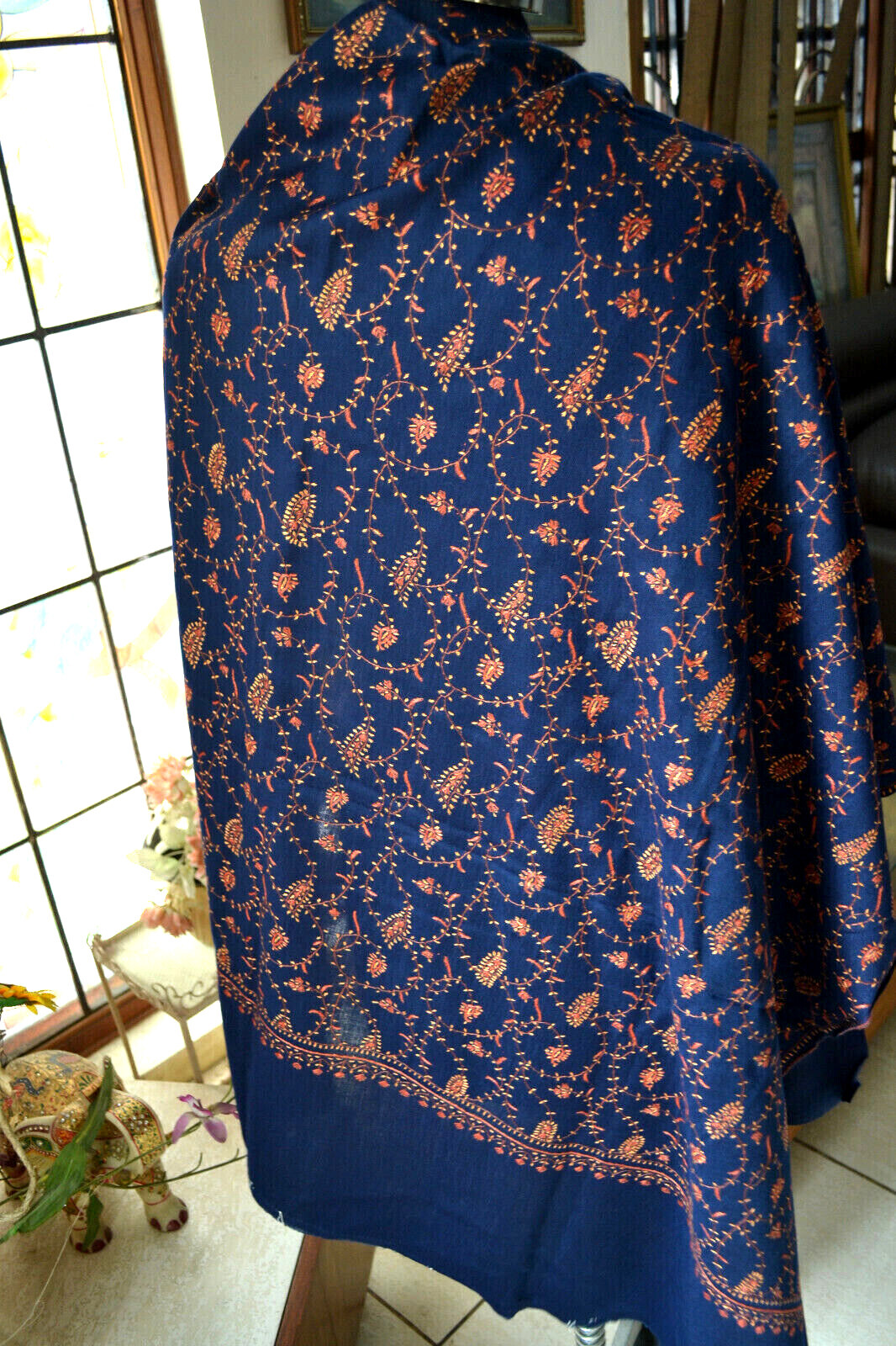 Dark blue MICRO JAAL KASHMIRI EMBROIDERY SHAWL ~ 100% CASHMERE PASHMINA