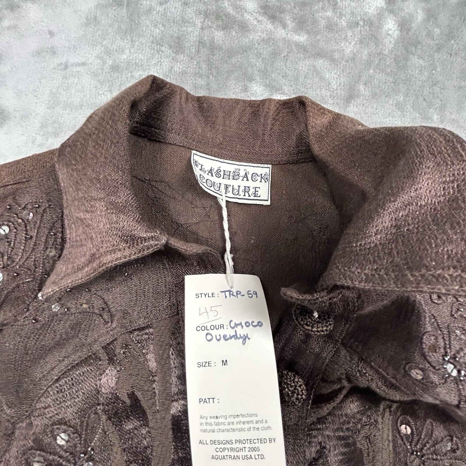 Flashback Couture Women’s Jacket Sz M Brown Embroidered Sequin Crochet Hem Boho