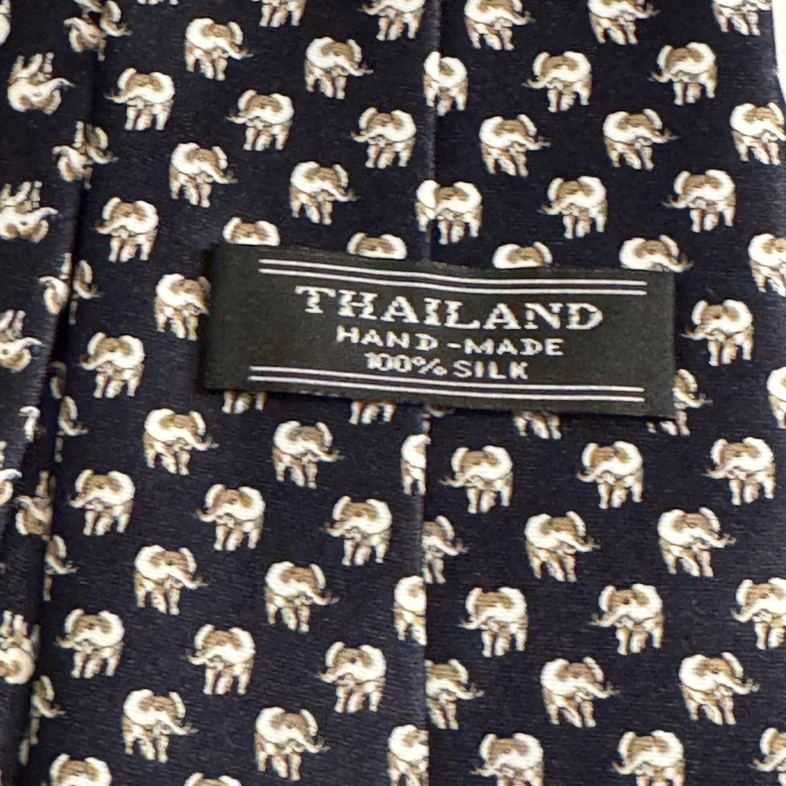 Thailand Men’s Deep Navy Hand-Made 100% Silk Tie Elephant Print Eclectic Preppy