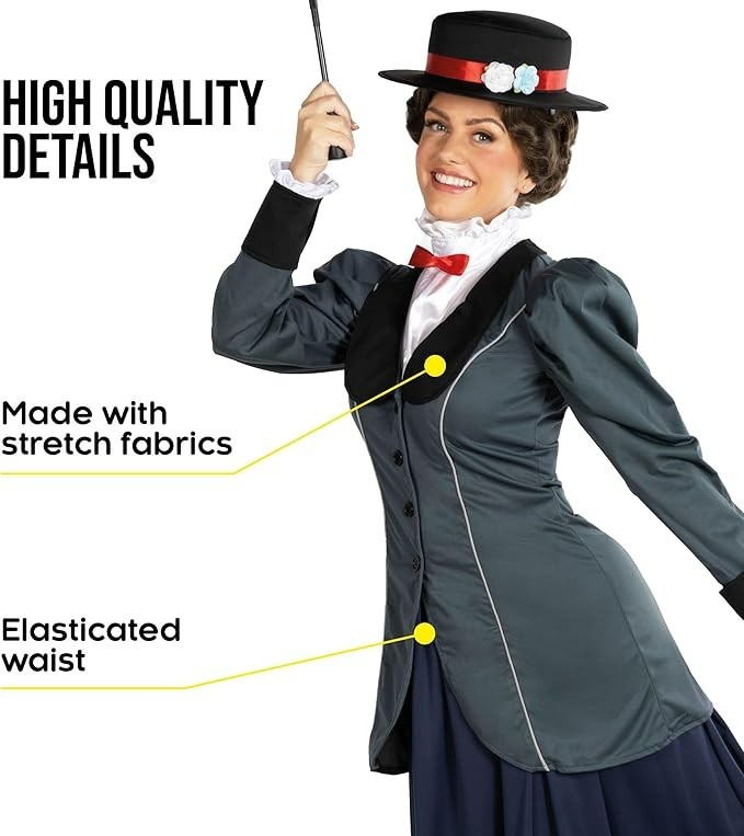 Women`s Mary Poppins Costume Adult Old Timer Magic English Nanny Dress S – 3XL