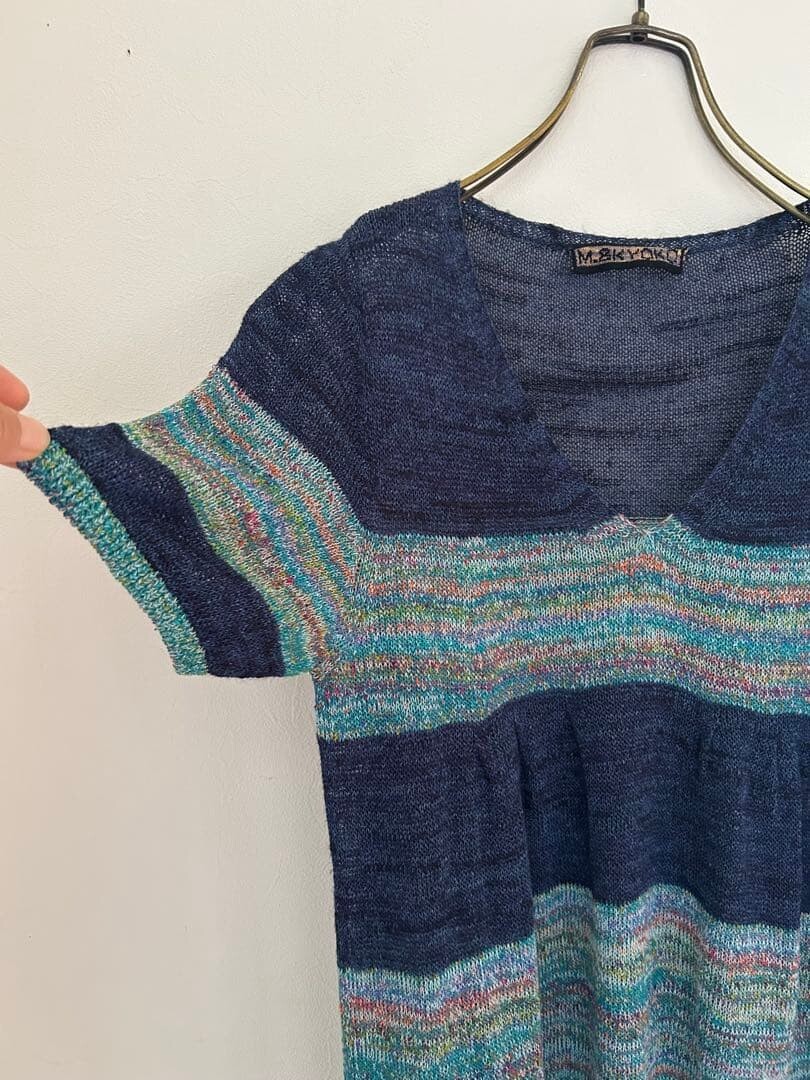 M.&KYOKO V Neck Multicolor Stripe Knit Dress Navy Free Size Rayon Paper Auth