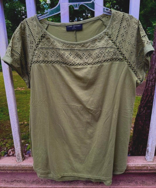 Lane Bryant Pretty Green Embroidered Eyelet T-Shirt Size 14/16 Raglan Sleeves