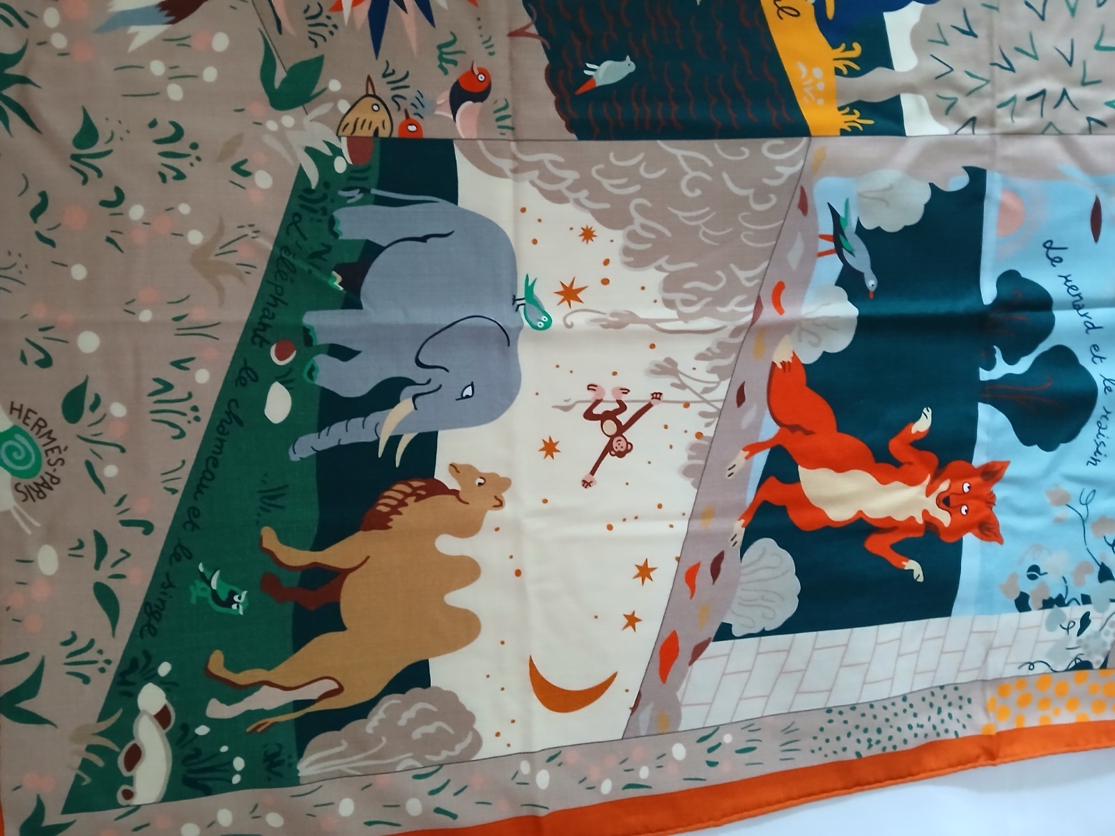 HERMES Shawl 140 Le Livre d’Esope Cashmere Silk Scarf Orange Multicolor Stole