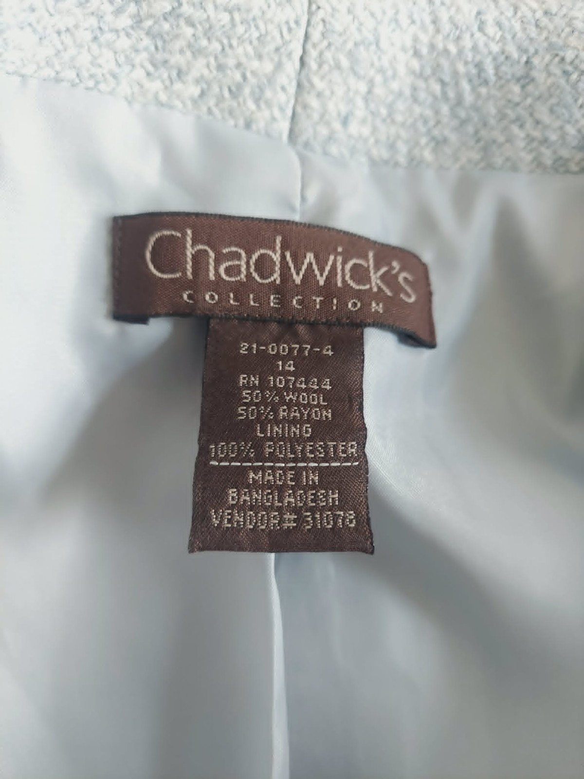 CHADWICK’S Light Blue Tweed Wool Blend Blazer Jacket | Women’s Size 14