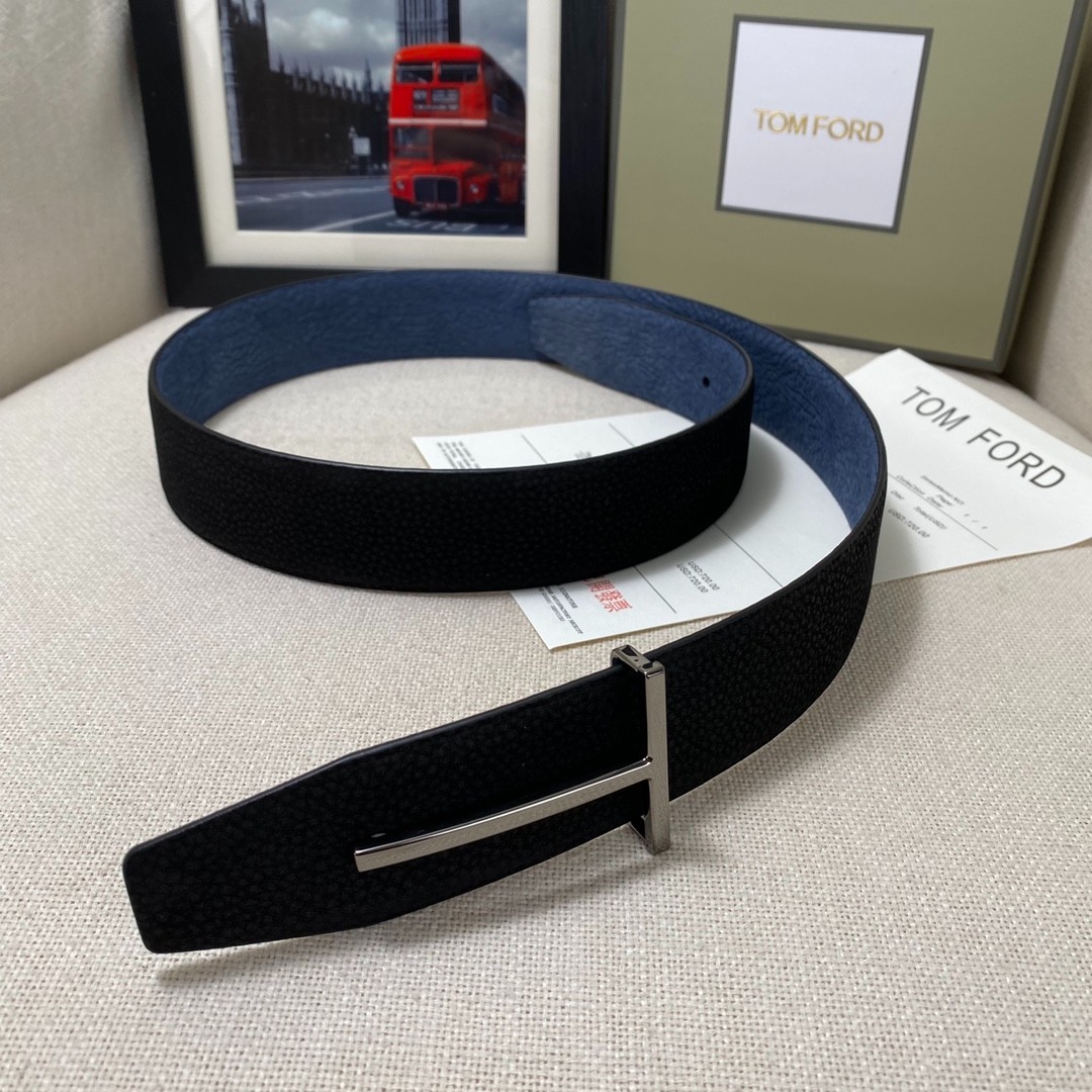 Tom Ford Belt Reversible T-Silvery Buckle Black/Blue Calfskin Leather Belt