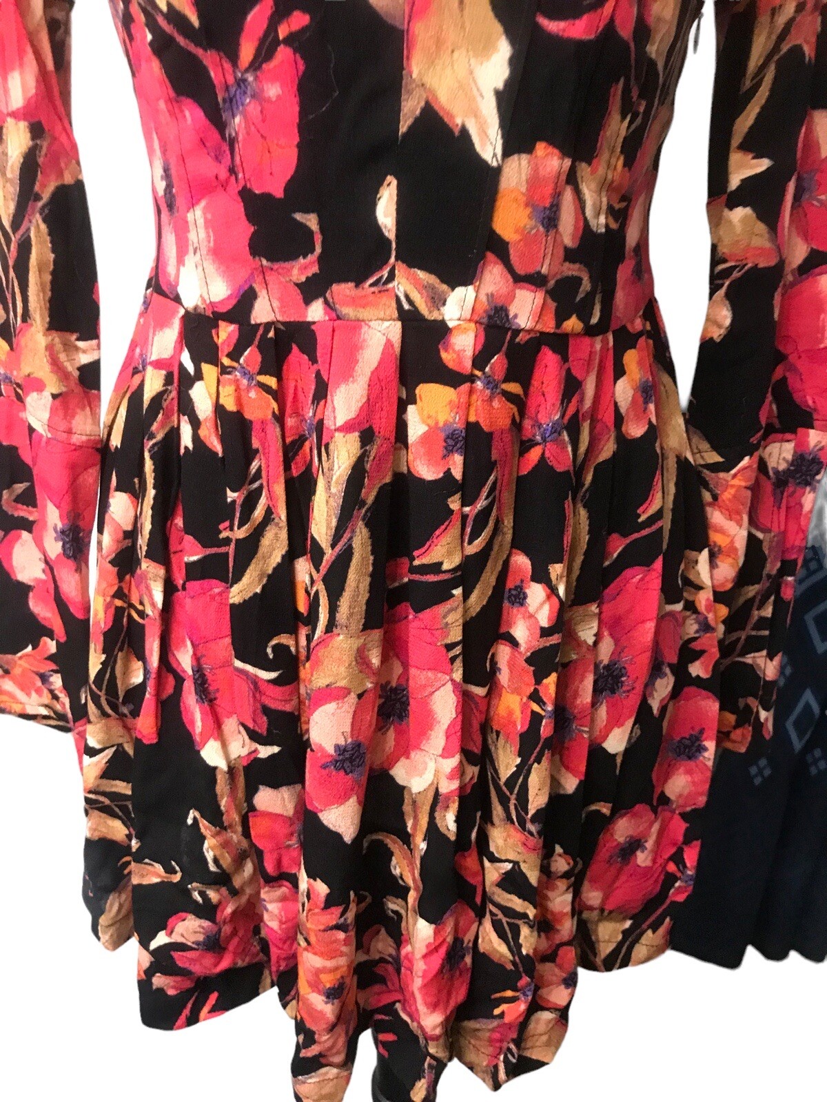 Free People Tegan Black Orange Floral Bell Long Sleeve Fit Flare Mini Dress Sz 0