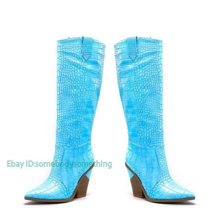 Women Pointy Toe Block Heel Cowboy Knee High Boots Pull On Outdoor Casual Shoes