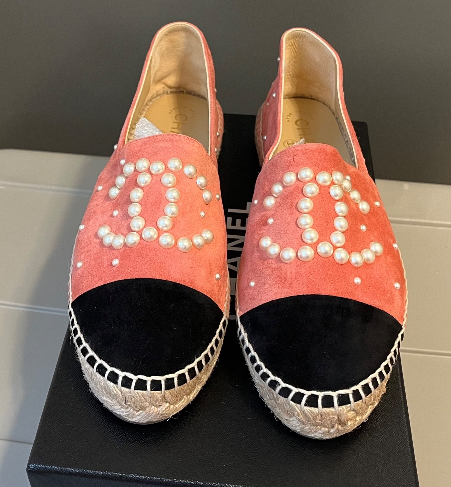 Chanel Espadrilles Pink and Black Suede with Pearl CC- Authentic New in Box