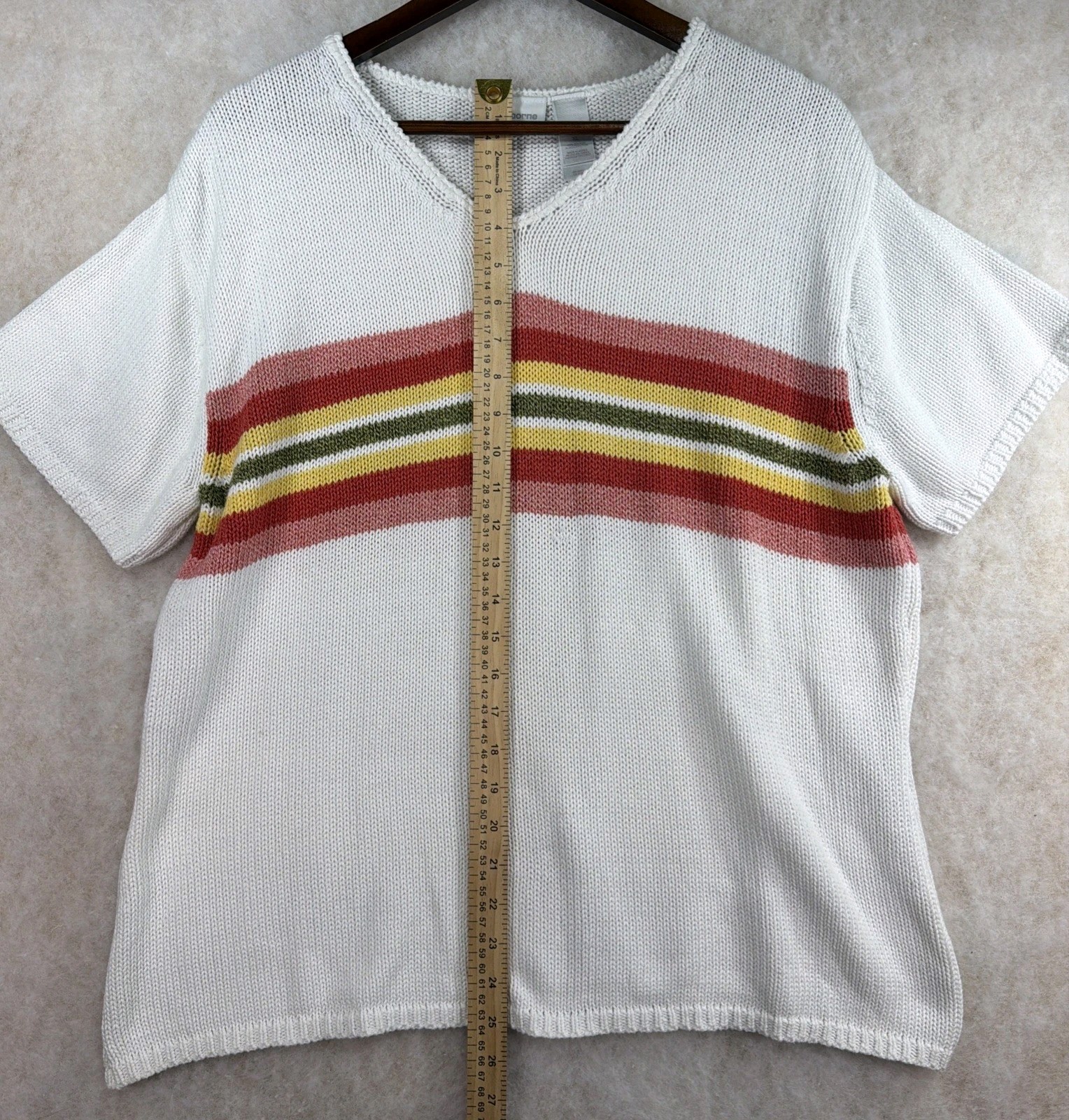 Liz Clairborne Short Sleeve Sweater White With Multi Color Stripes Size XL