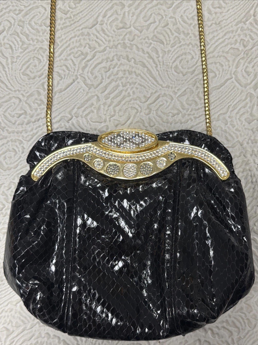 Vintage Embossed Glossy Black Snakeskin Clear Pavé-Set Crystals Jeweled Purse
