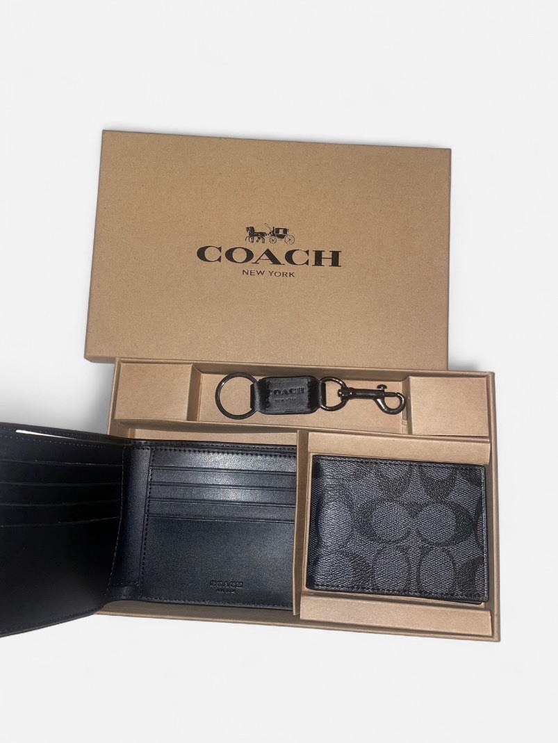 Coach Men’s 3-in-1 Wallet Set Signature Black/Black/Oxblood NWT Box Included New