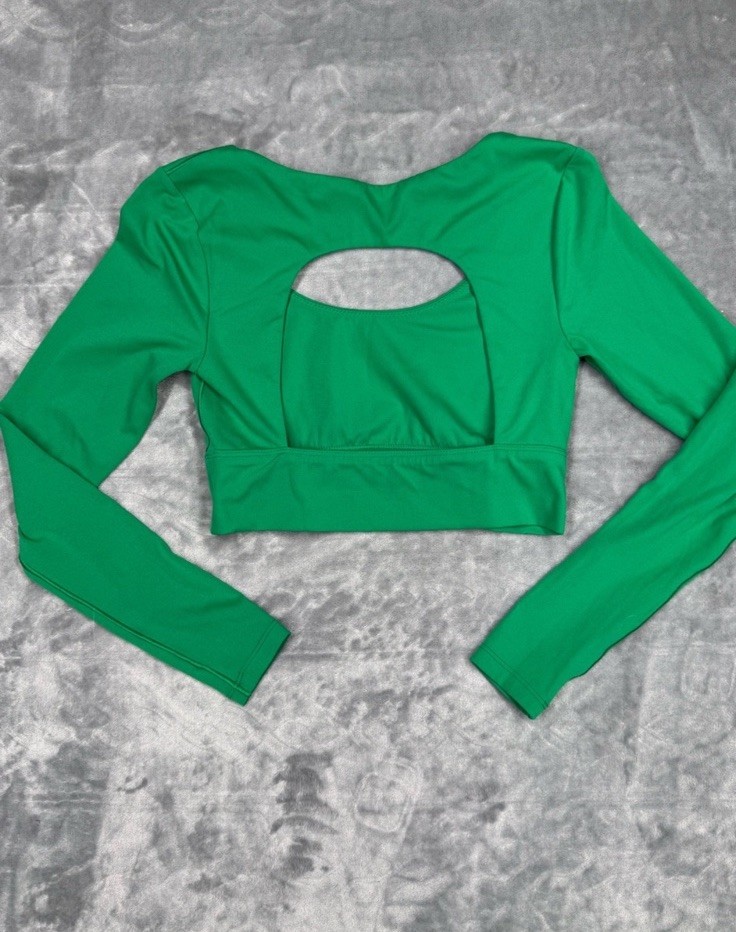 Aerie Offline Cropped Active Wear Long Sleeve Open Back Top In Green Small