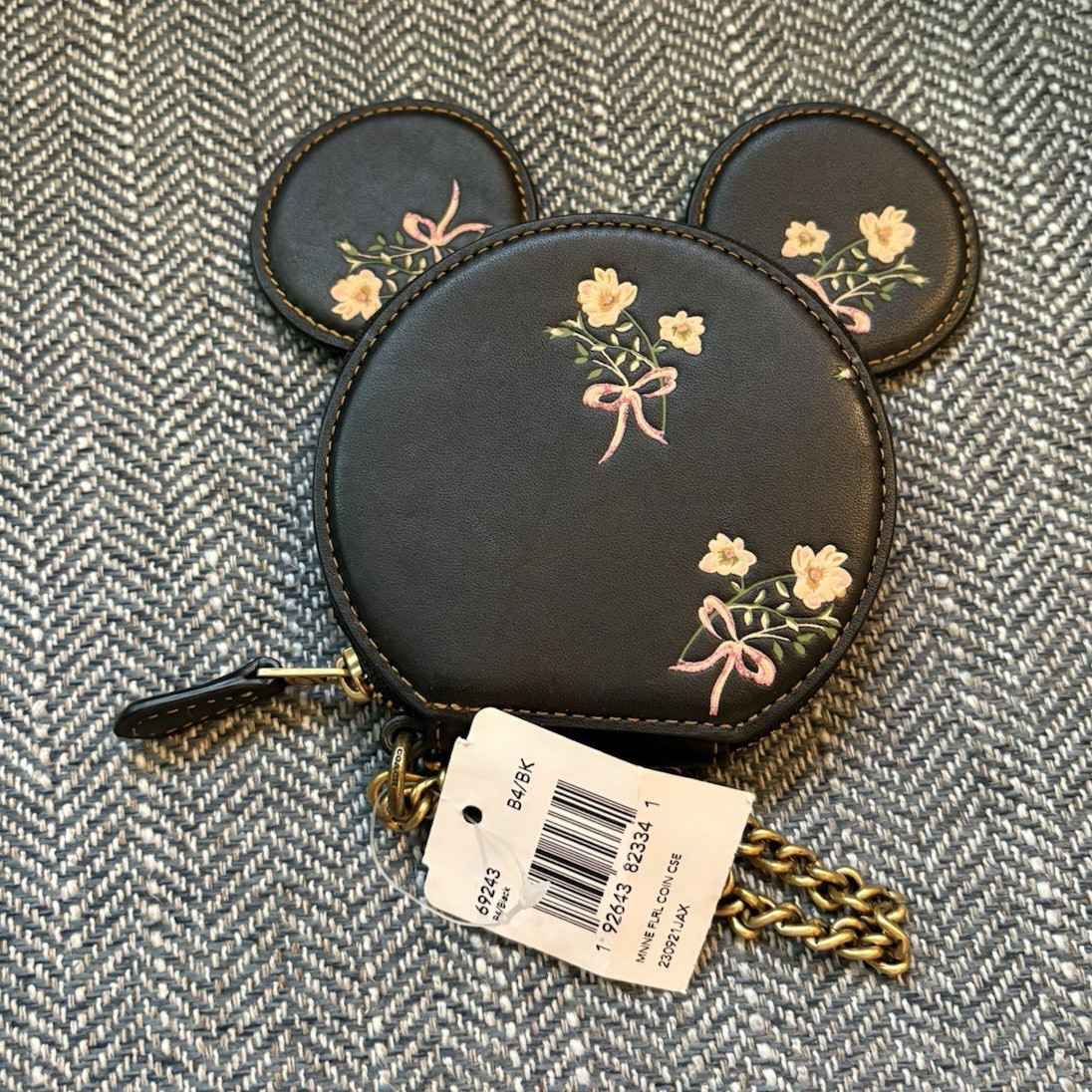 Coach x Disney Minnie Mouse Floral Zip Coin Purse Black w/ Chain Strap, NWT