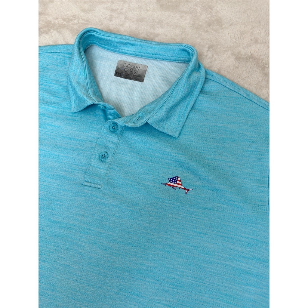 Ocean Coast Men’s Golf Polo Shirt 2XL Light Blue Heather Fish Flag Logo