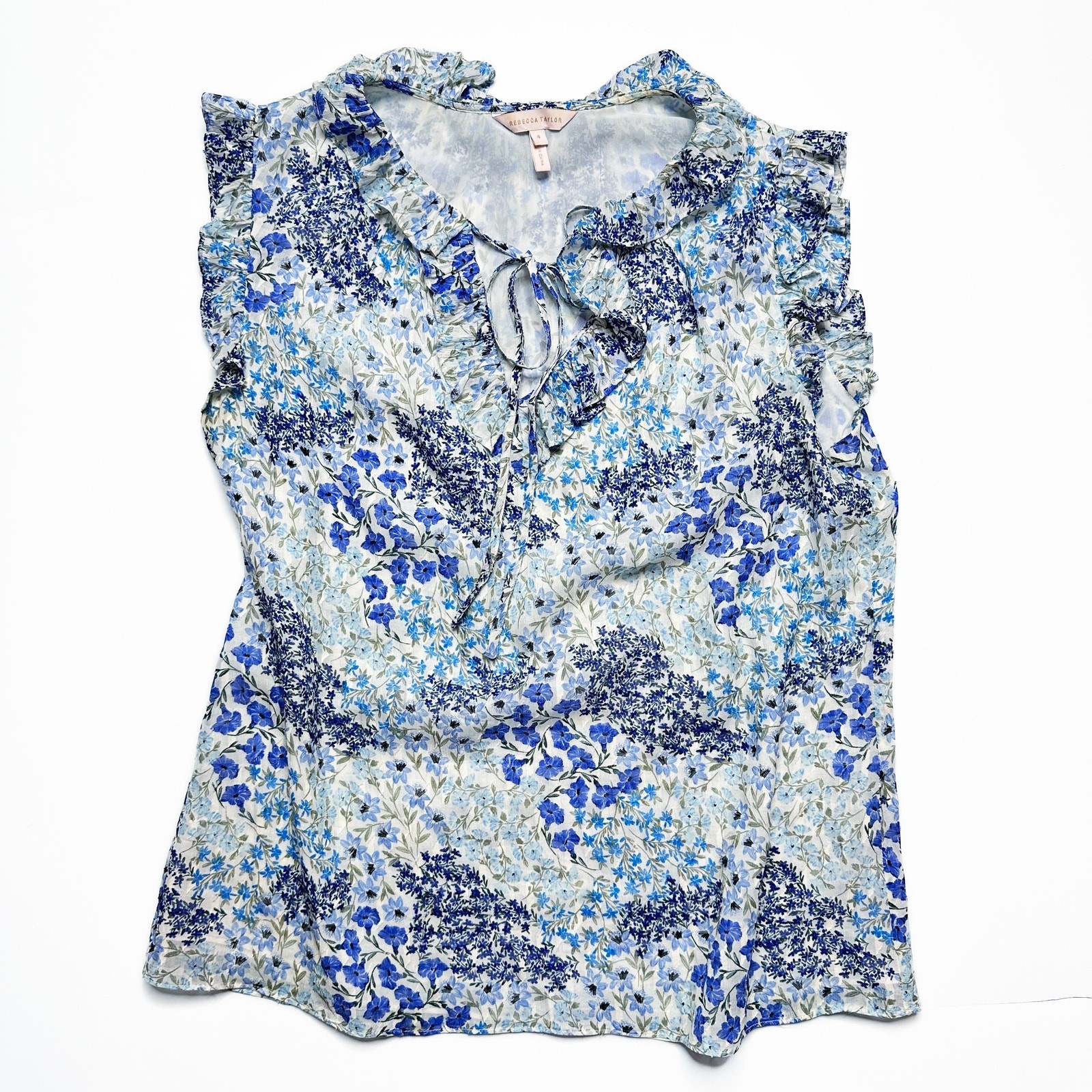 Rebecca Taylor Ava Sleeveless Floral Blue Silk Blend Tie V Neck Blouse Top 8