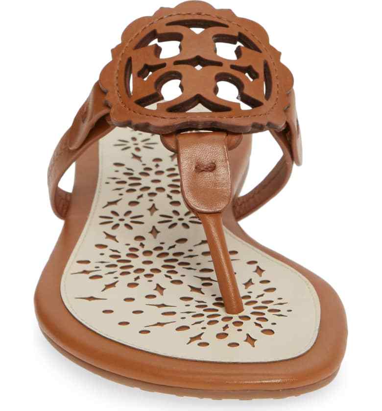 NIB Tory Burch Miller Leather Scallop Logo Flat Sandal Thong Tan/Cream $228