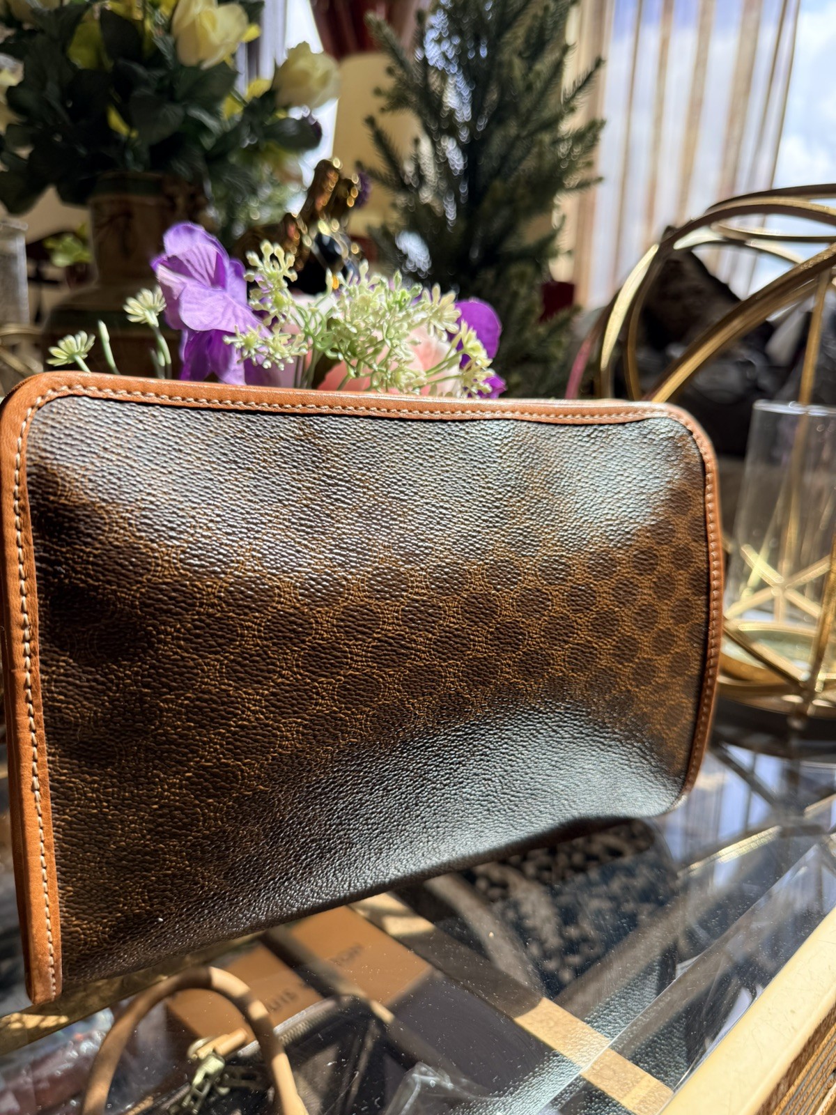 Vintage Celine Macadam Zip Clutch Brown Canvas Leather