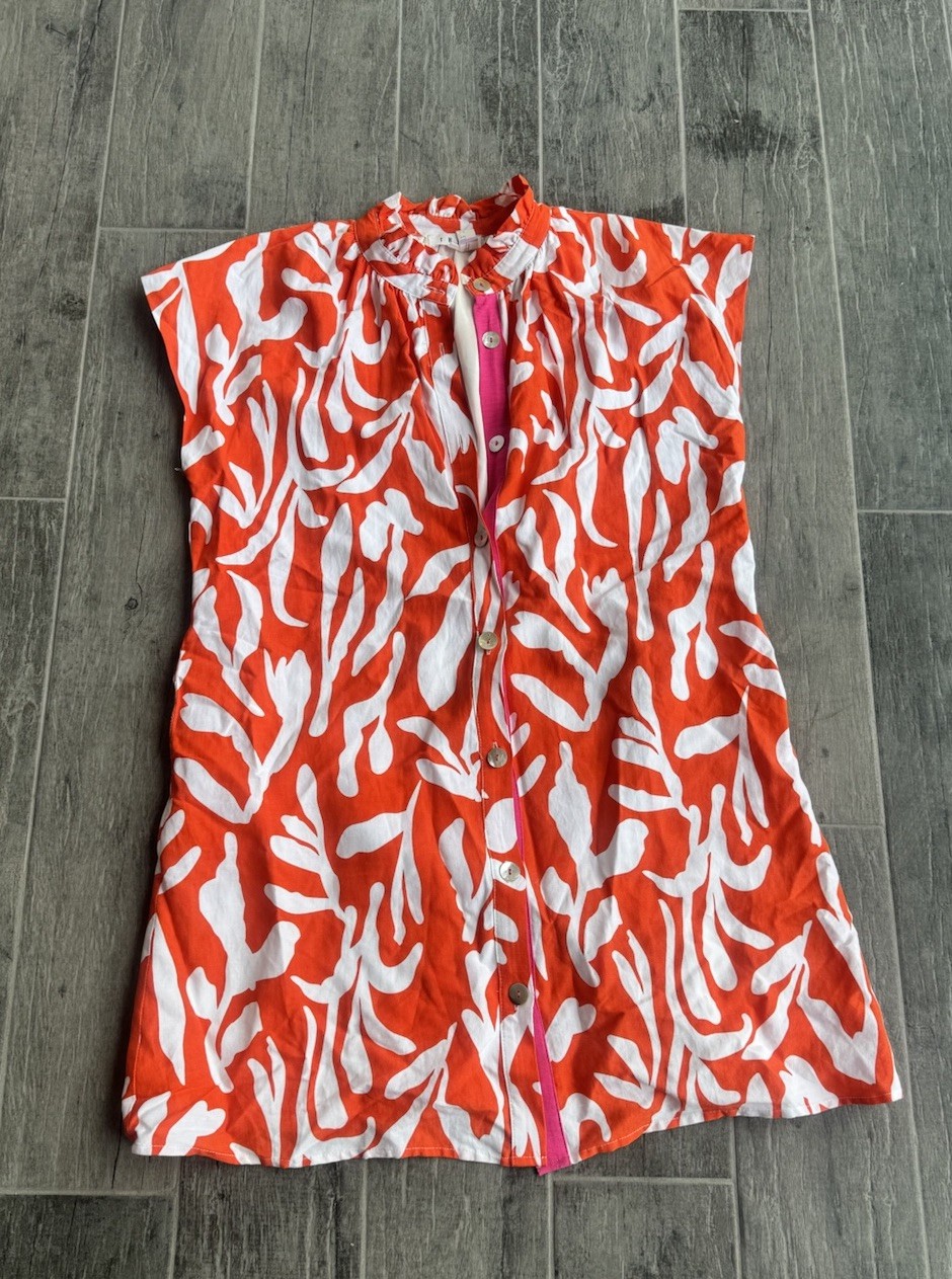 THML LIFE’S COMPASS RED ORANGE ABSTRACT FLORAL BUTTON FRONT MINI DRESS SZ L