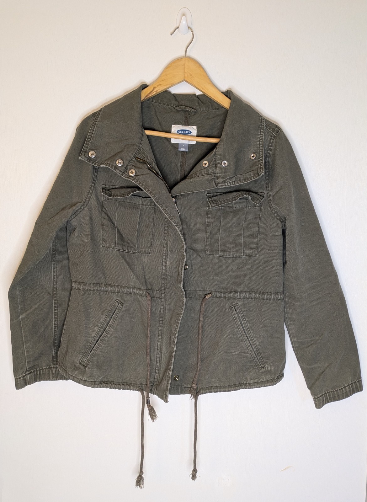 Old Navy Military Jacket M Olive Green Canvas Full Zip Drawstring Utility Coat
