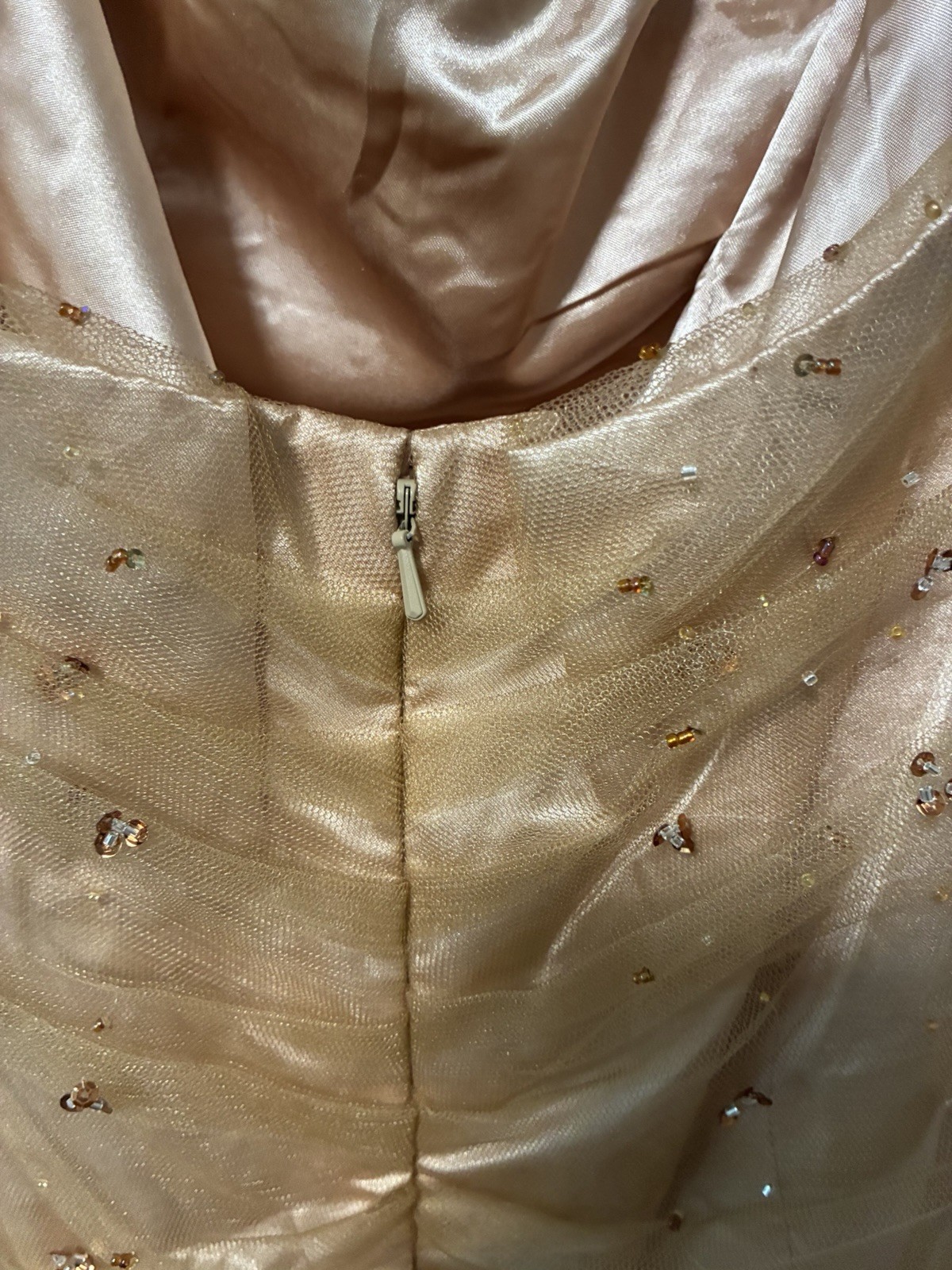 Do You Love Me? Gold Tan Beaded Halter V-Neck Formal Long Tulle Prom Gown 10