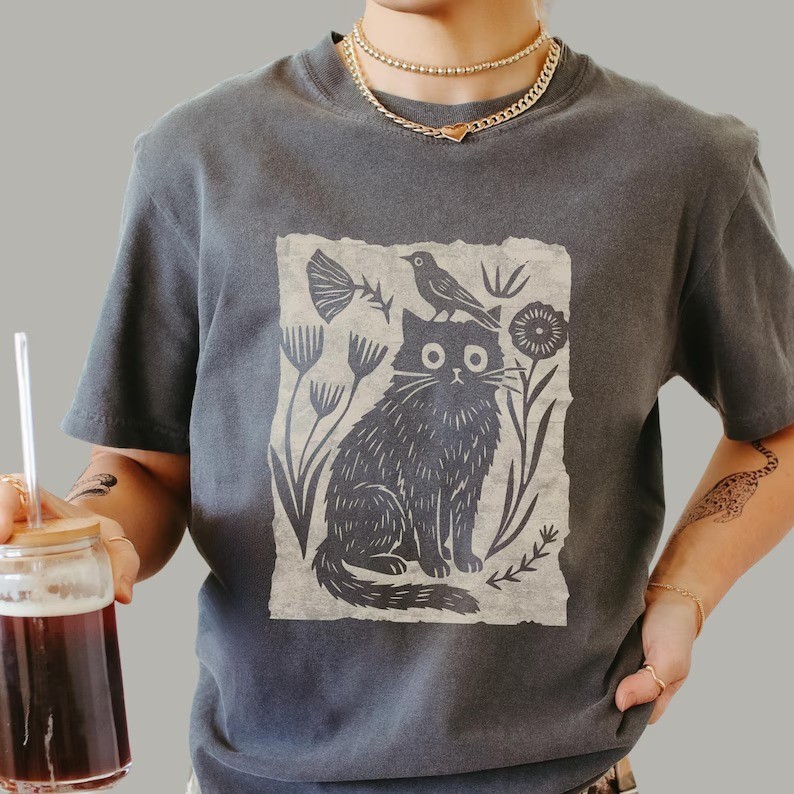 Cottagecore Floral Cat and Bird T-shirt Folk Art Style Nature Graphic Tee