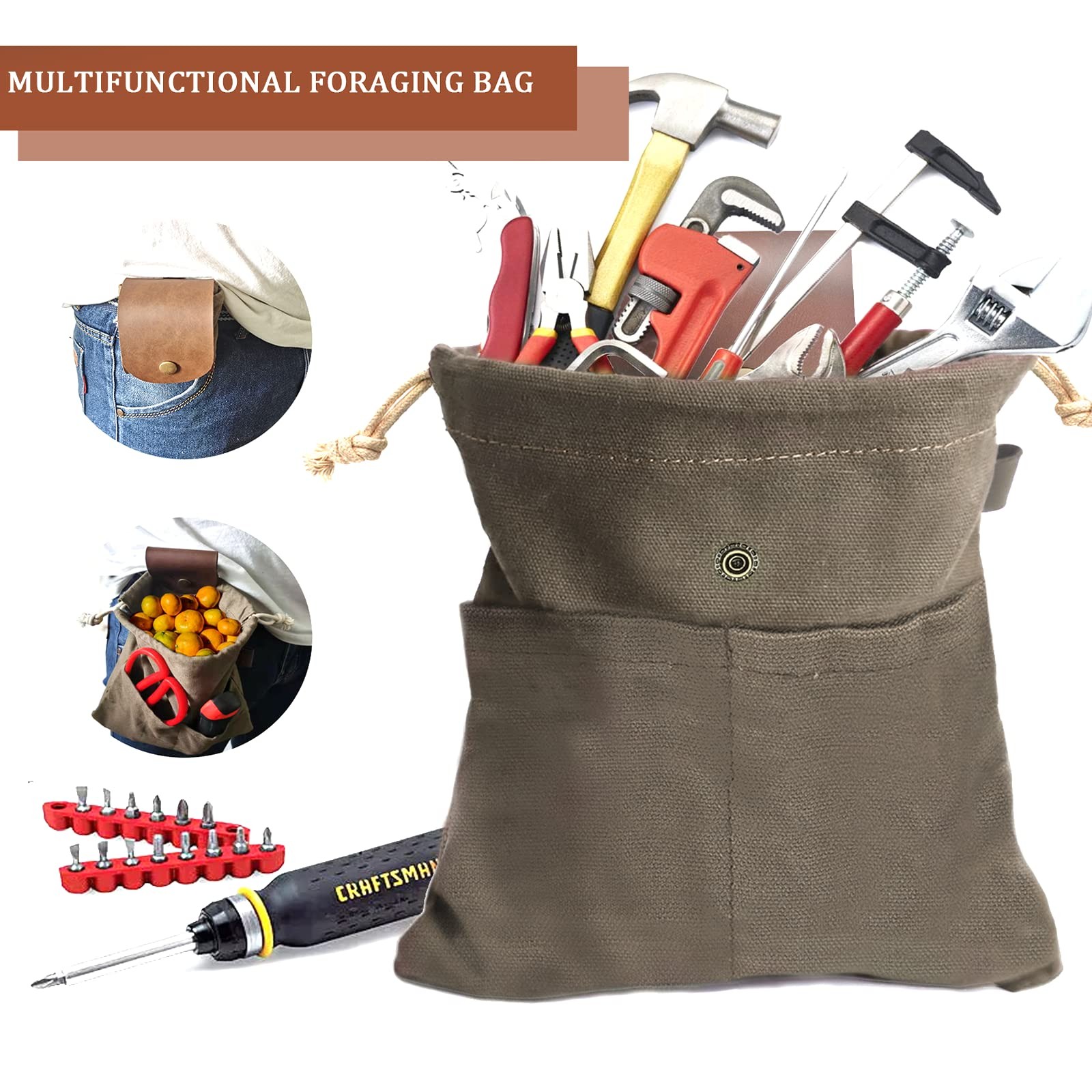 Foraging Pouch Leather Canvas Collapsible Bag Water Resistant Outdoor Camping…