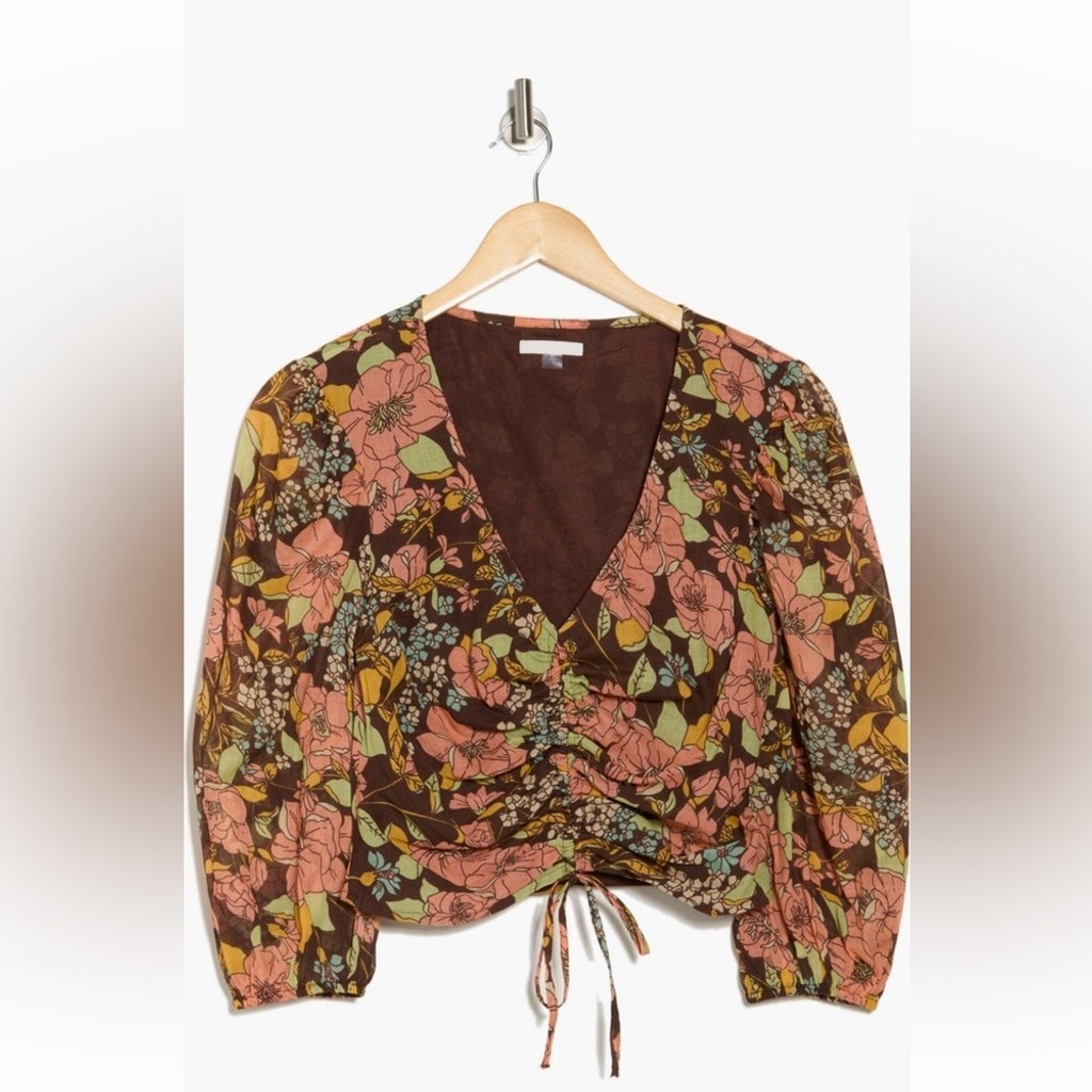 MOTHER Floral Ruched Tie-Front Crop Top — Brown, Pink & Green