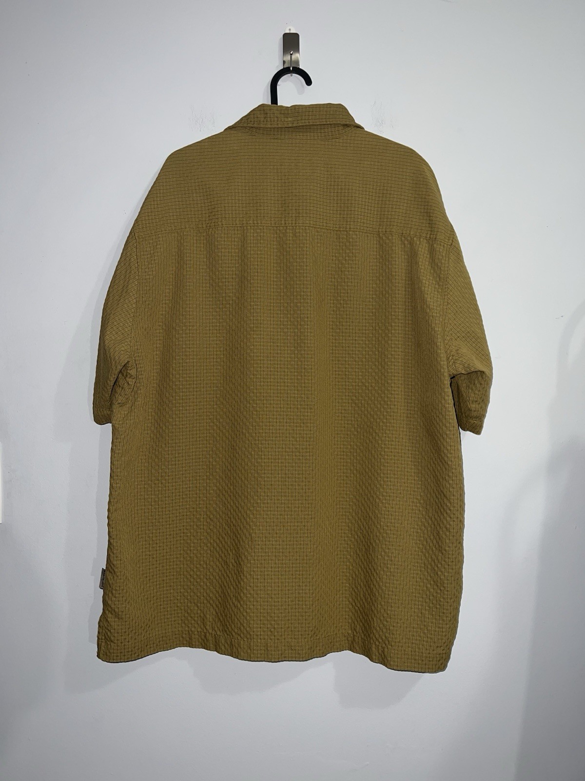 Woolrich Mens Camp Shirt L Mustard Olive Textured Short Sleeve Button Up Modal
