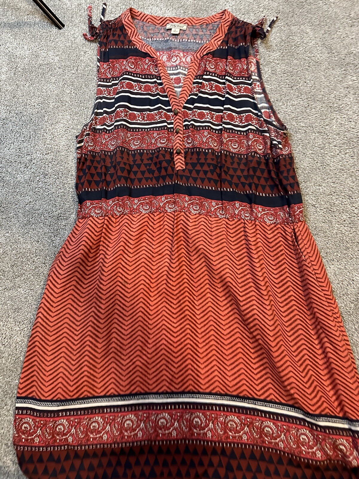 Lucky Brand Sleeveless Dress Womens L Boho Print Popover Ruched Sides # 101