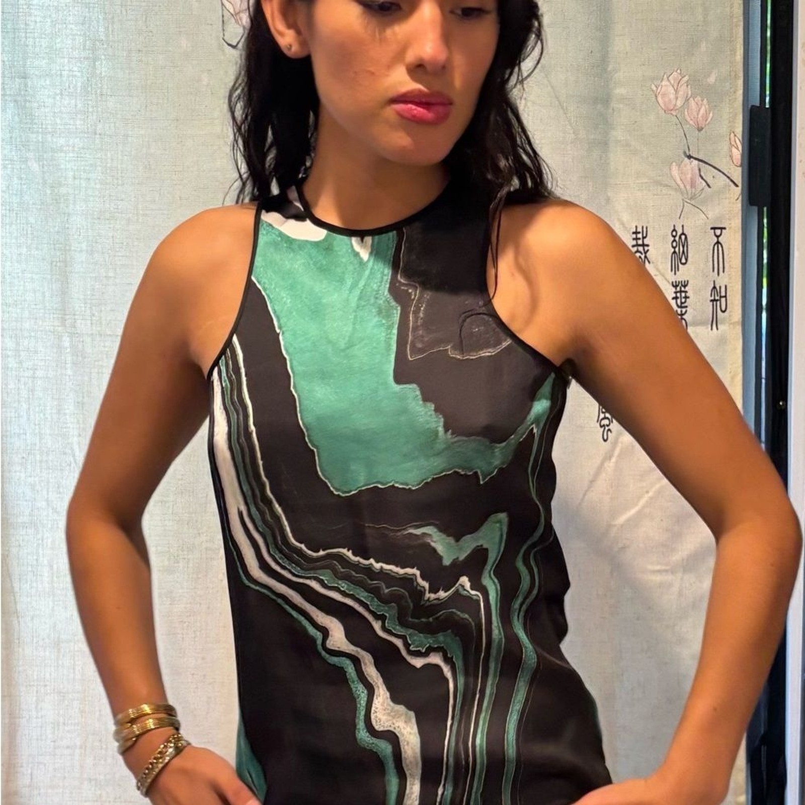 The Kooples Teal and Black Wave Pattern Tank Top Printed Marble
