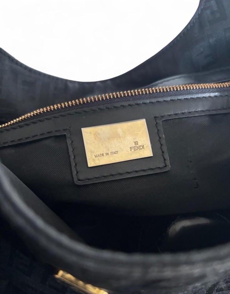 Fendi Black Logo Shoulder Bag Gold Hardware Zip Closure Buckle Accent