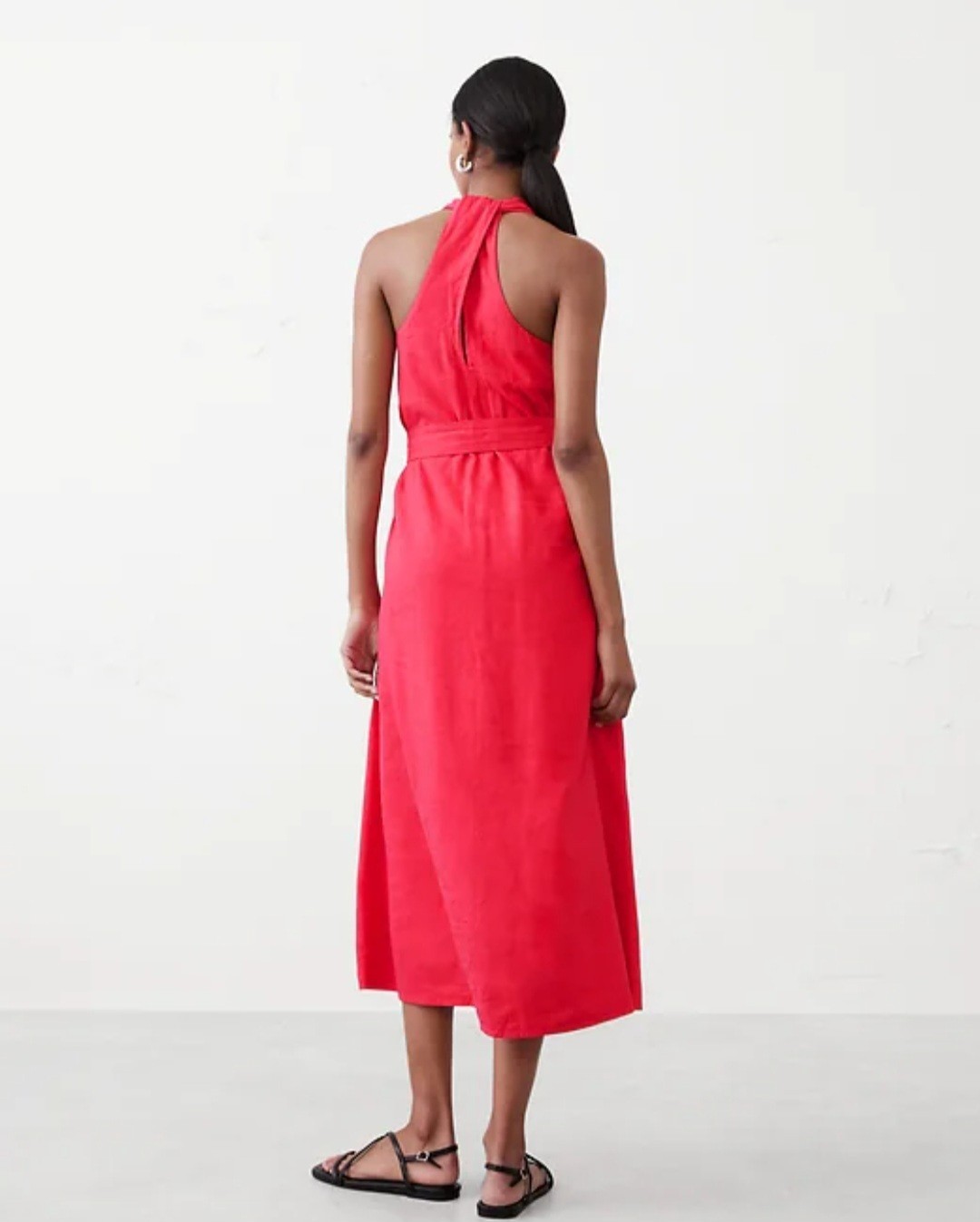 Banana Republic Medium Linen Blend Twist Back Coral Gem Color Midi Dress NWT