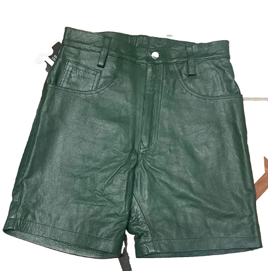 MENS,COW LEATHER SHORTS DARK GREEN CASUAL 5 POCKETS SHORTS ZIPPER FLY