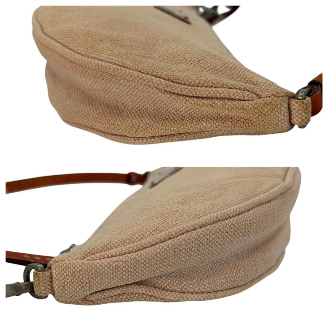 PRADA Triangle Logo One Shoulder Canvas Leather Accessory Pouch Beige Authentic