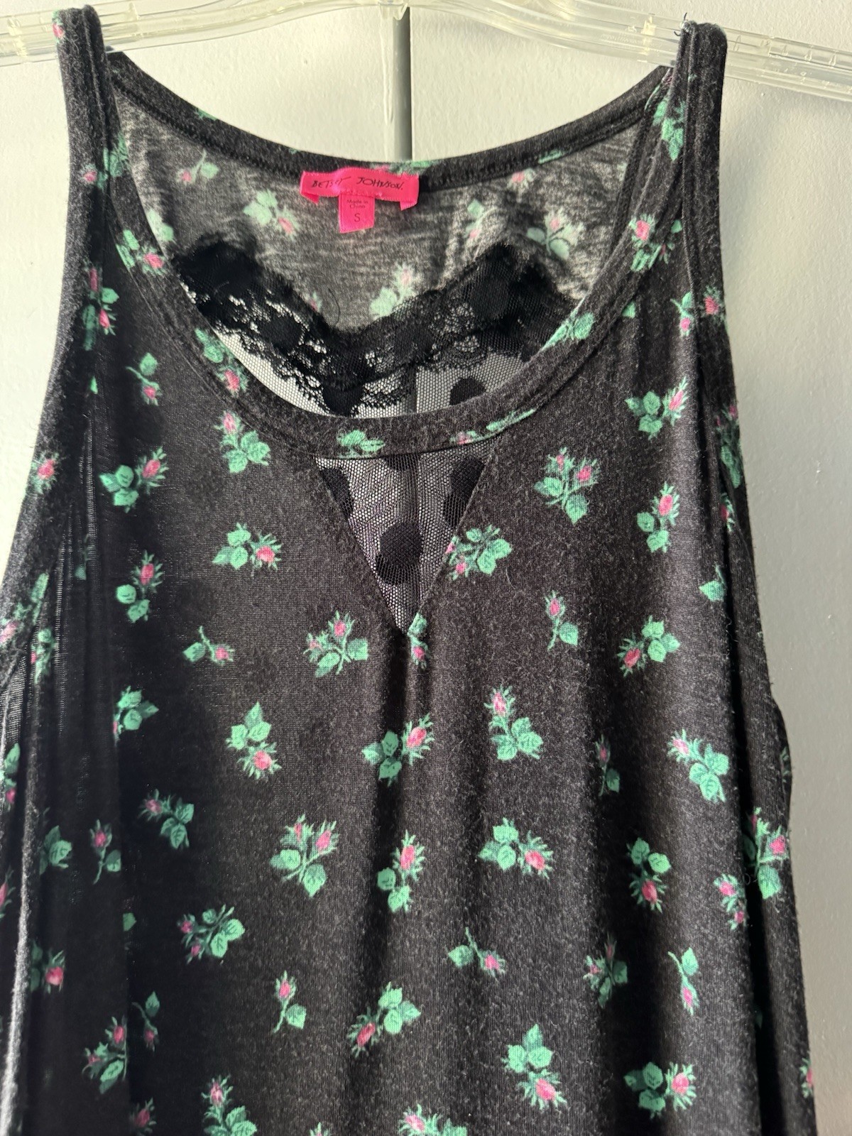 Betsey Johnson Floral Lace Mesh Sheer Tank Top S Scoop Neck Pullover 7361301