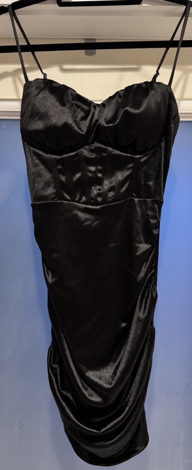 Honey And Rosie Black Satin Corset Ruched Strap Mini Fitted Stretch Dress MEDIUM