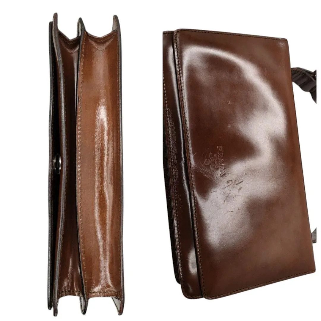 Prada Mini Leather Handbag Brown Tote Bag Purse Triangle Logo 8.6×4.9×2.0in