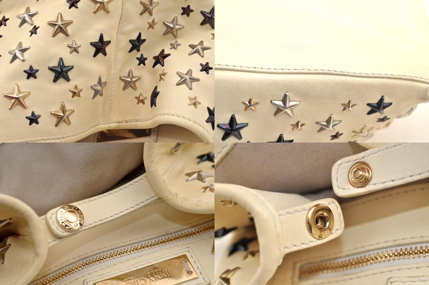 Authentic JIMMY CHOO Sasha S Star Studs Leather Shoulder Tote Bag White AB597