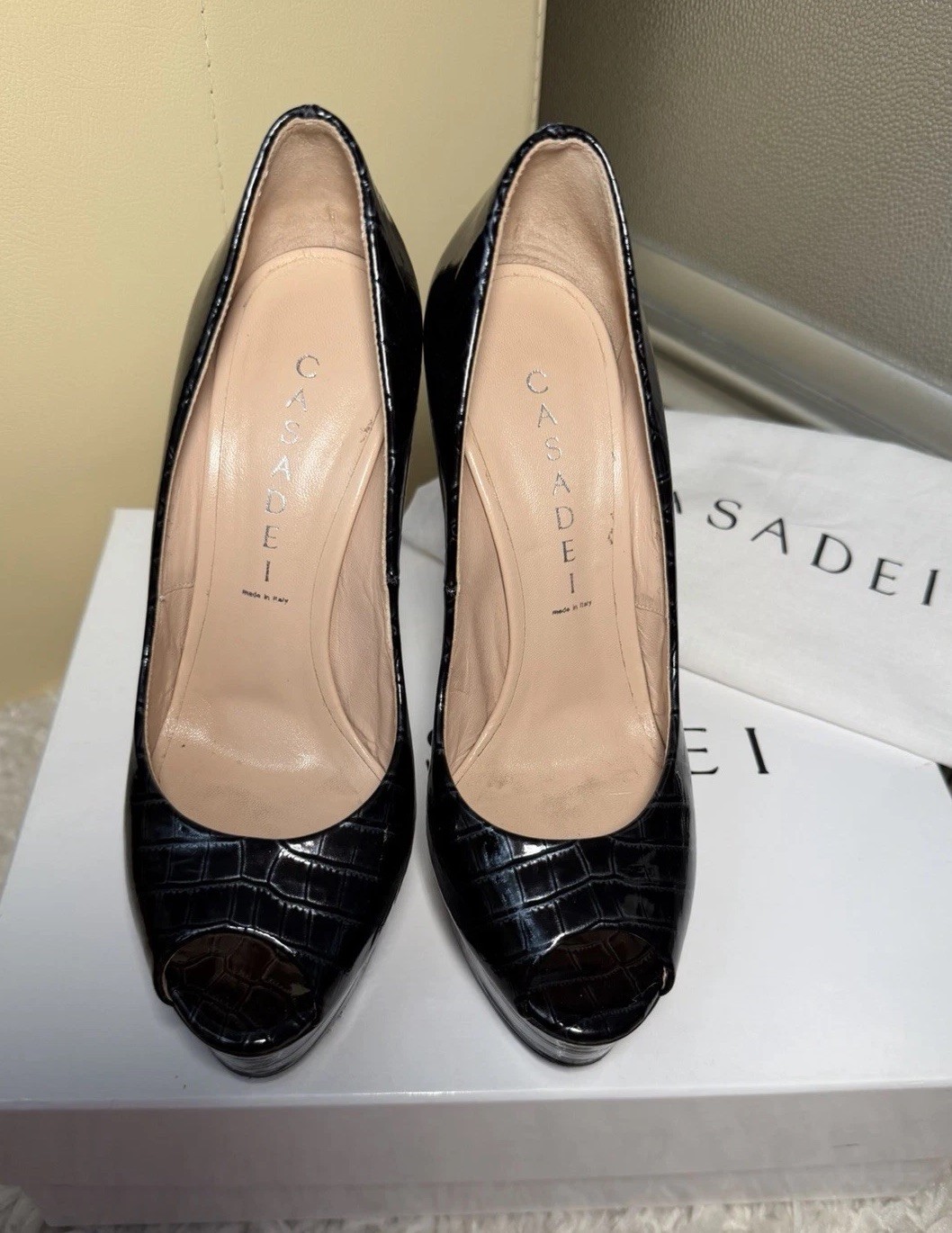Authentic Casadei Black Croc Embossed Leather Peep Toe Platform Heels EU 36.5
