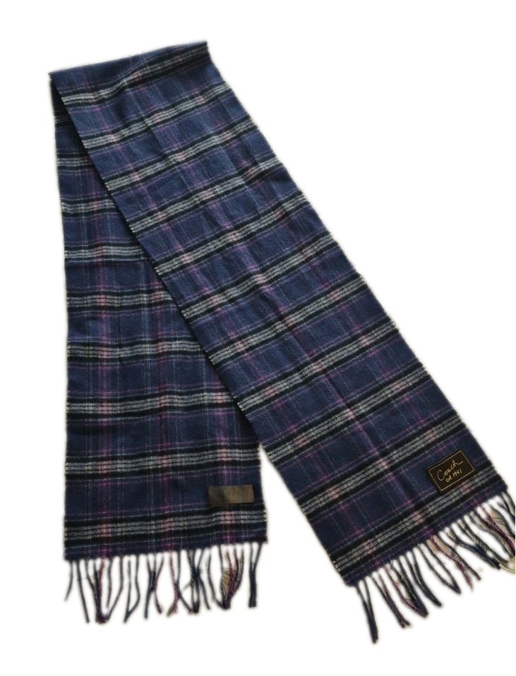 Coach Women’s Plaid Scarf Blue Purple Gray Tartan Pattern Fringe Accents