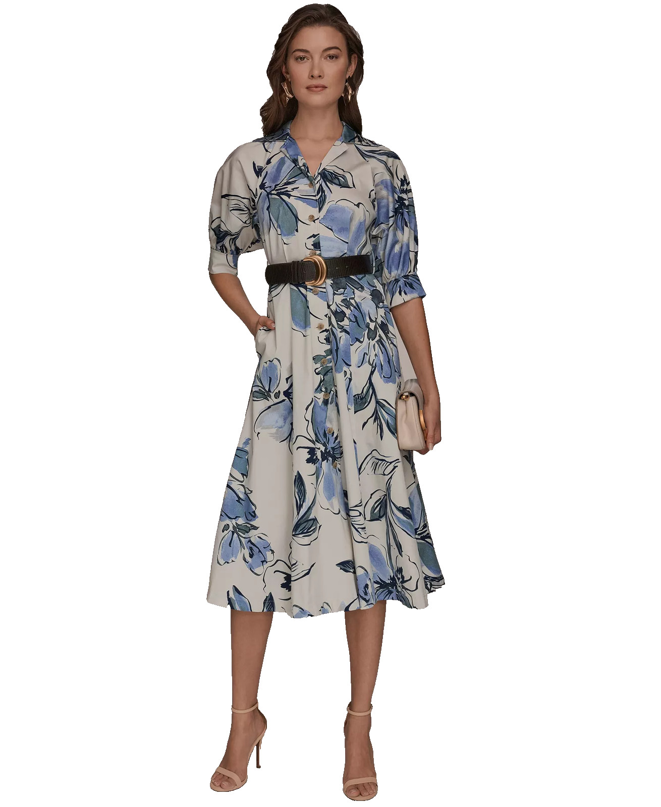Donna Karan New York Midi Dress 2 Floral Ivory Blue Spread Collar Shirtdress NWT