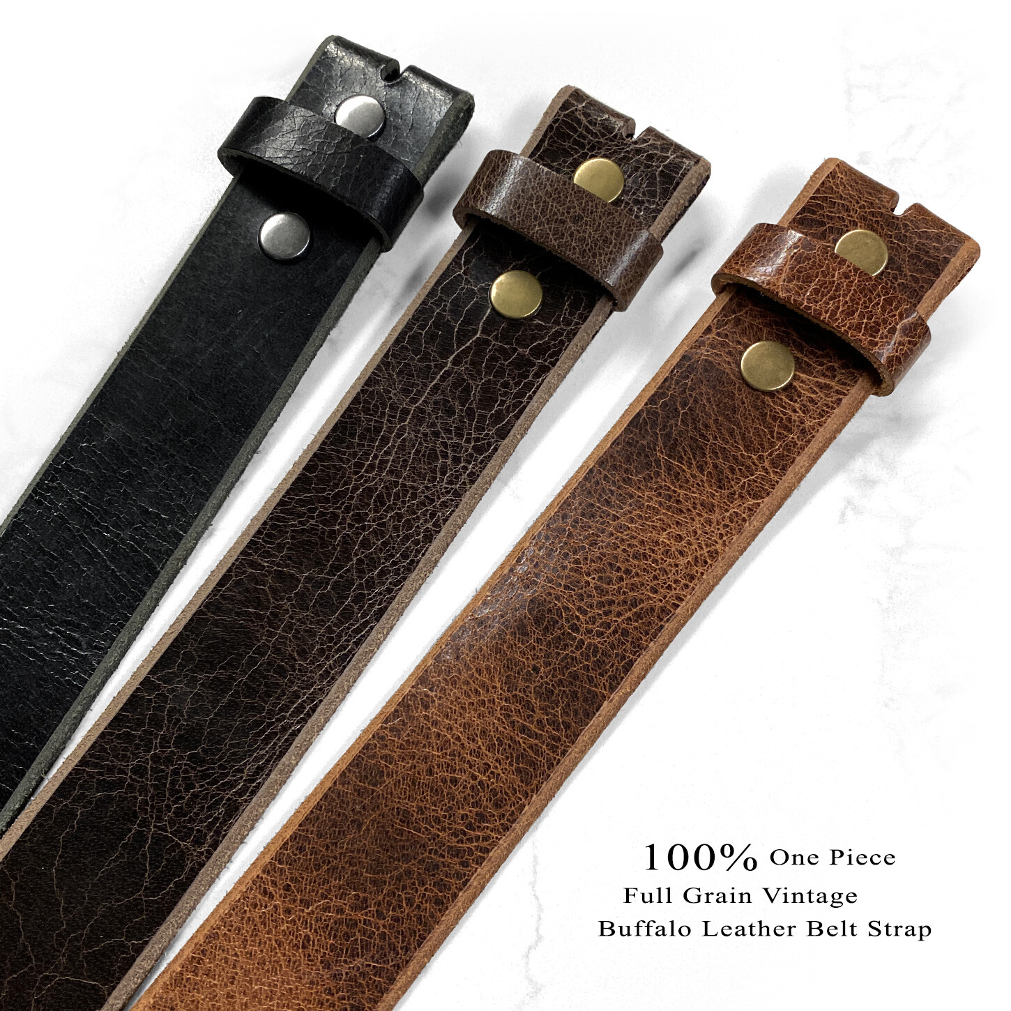 BELT STRAP SNAP ON FULL GRAIN ONE PIECE LEATHER UNISEX BELT-BLACK, BROWN, OR TAN