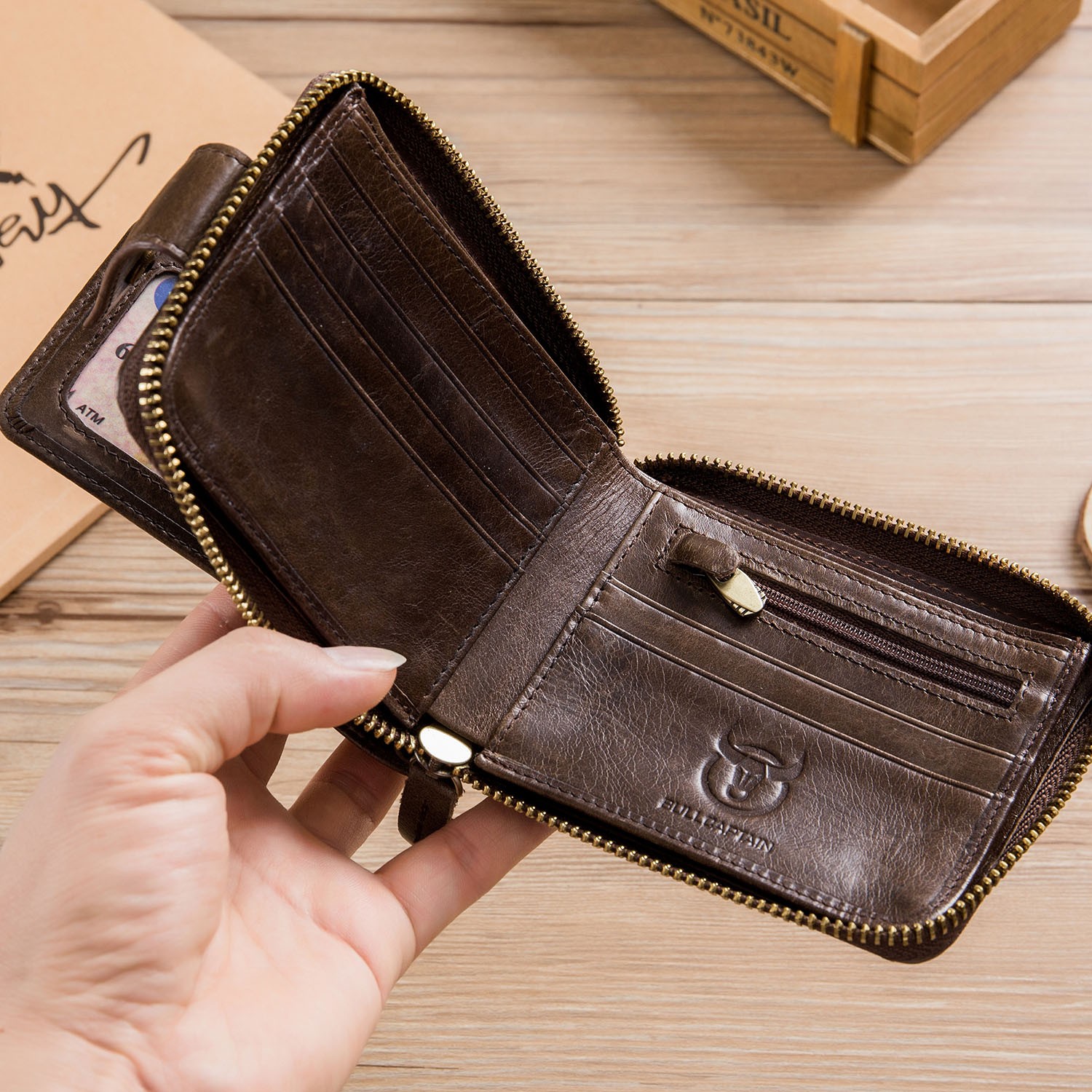 Retro Men Wallet Genuine Leather RFID Blocking Bifold with Zipper Coin Pocket